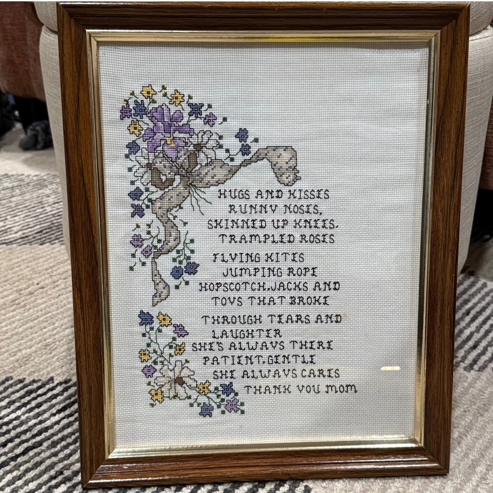 Vintage Handmade Cross Stitch Framed Wall Art Thank‎ You Mom Poem Floral Decor